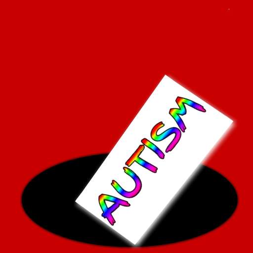 A white rectangle with the colourful word "AUTISM" falling into a black hole, representing autism awareness.