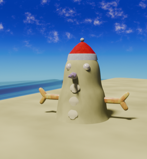 Merry Christmas In 2020: From An Australian Viewpoint ☀️ A 3D rendered Christmas snowman made from sand, seashells and coral, wearing a Santa hat at a sunny 3D modelled beach.