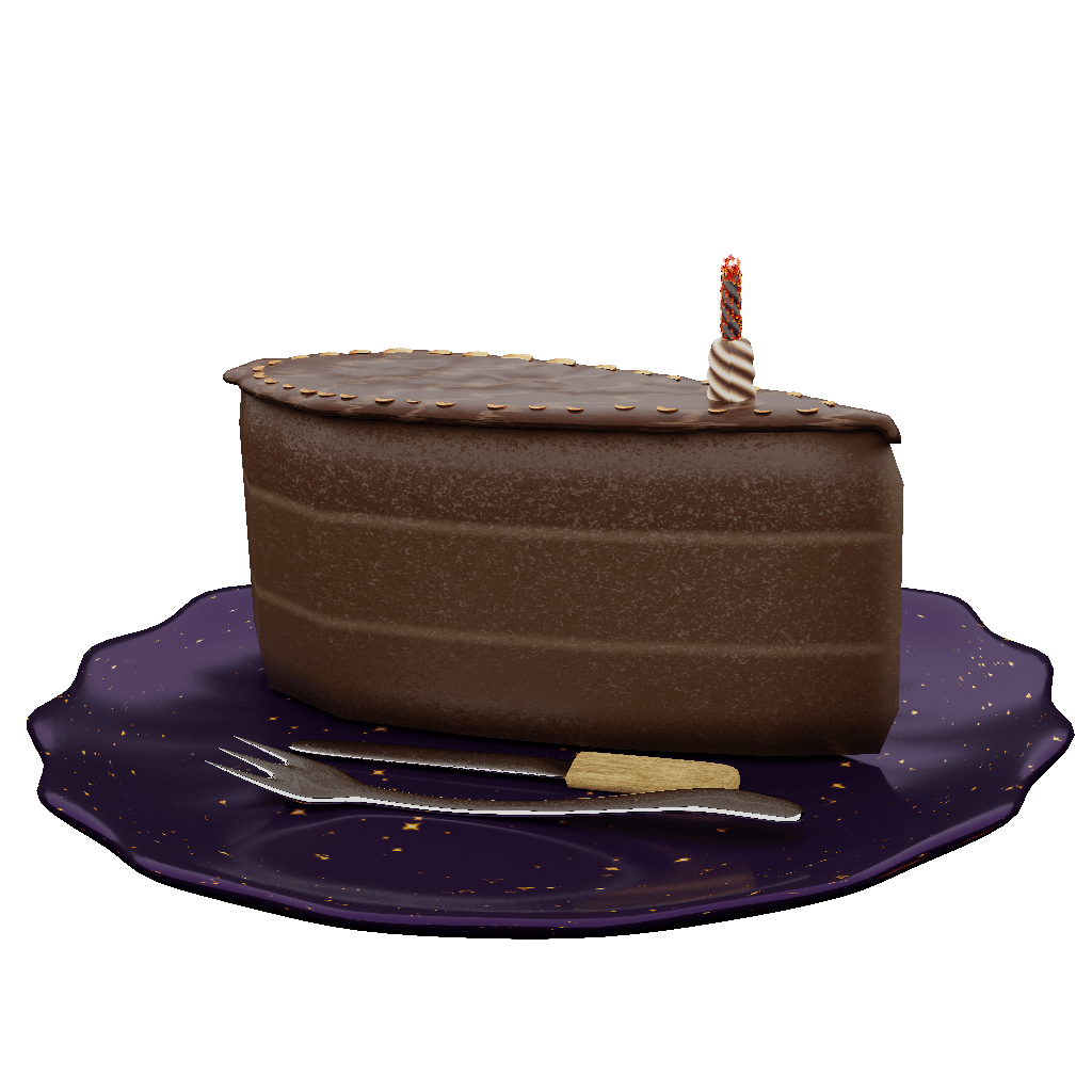 A slice of chocolate mudcake rendered in the 3D modeling software Blender (version 3.4.2), perfect for celebrating birthday parties.