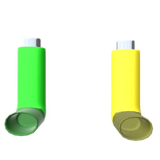 A green inhaler on the left which represents a reliever. A yellow inhaler on the right represents a preventer.