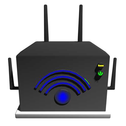 A grey Wi-Fi router with antennas for receiving signals and reset/power buttons and a large, blue signal indicator in the centre.