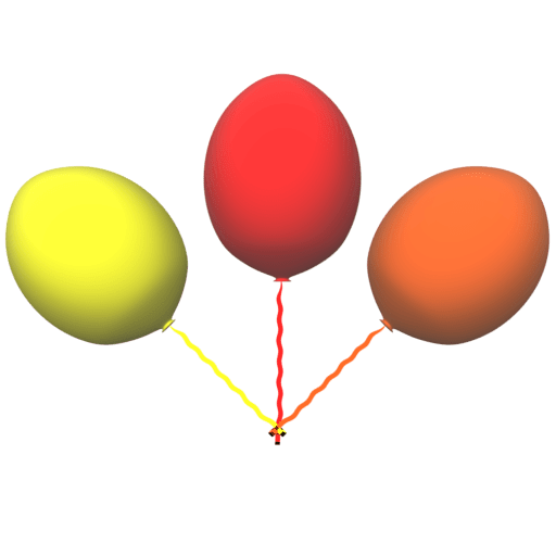 Three warm-coloured balloons all tied together illustrating a popular decoration that is often used for birthday parties.