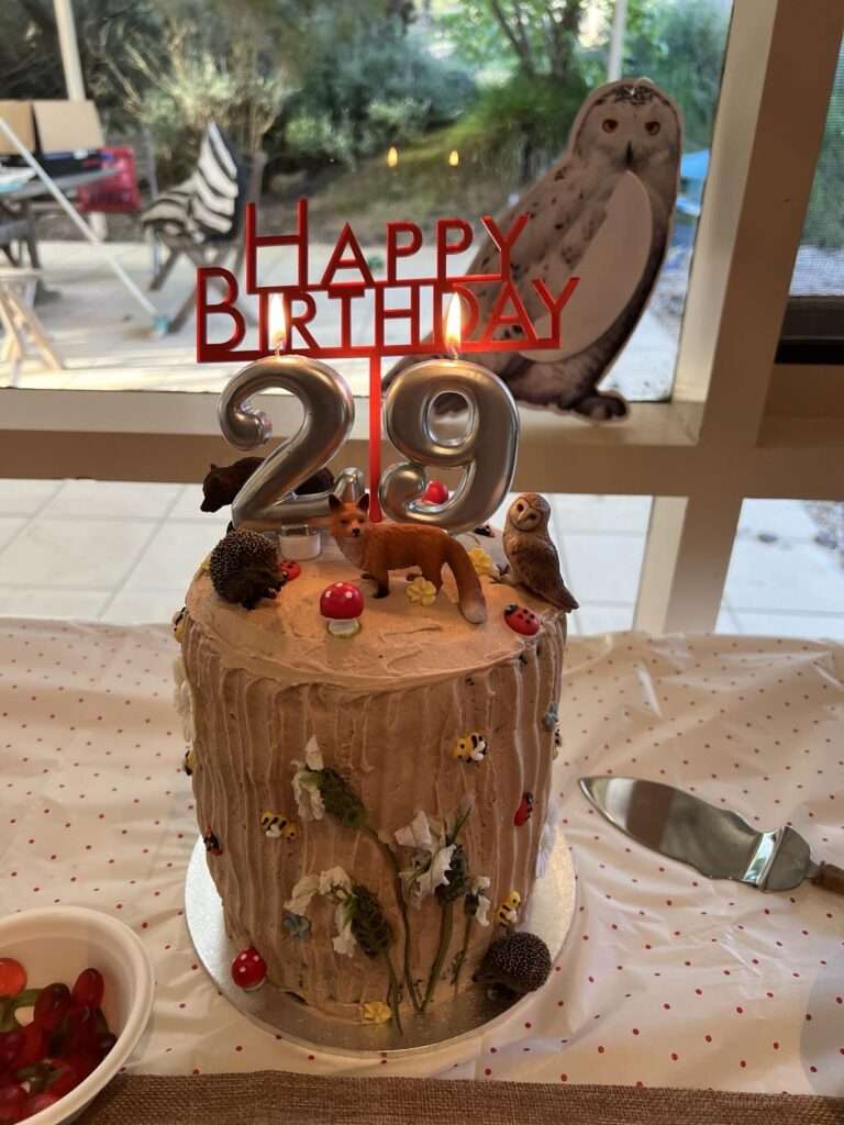 A cream-coloured birthday cake with woodland decorations and birthday candles.