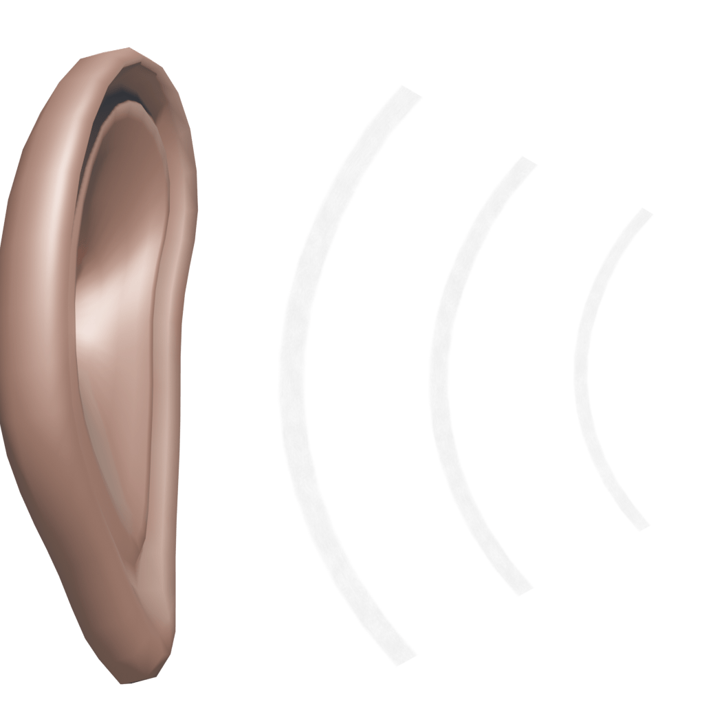 An ear with loud sound waves represented in light grey providing a visual illustration of what hyperacusis is.